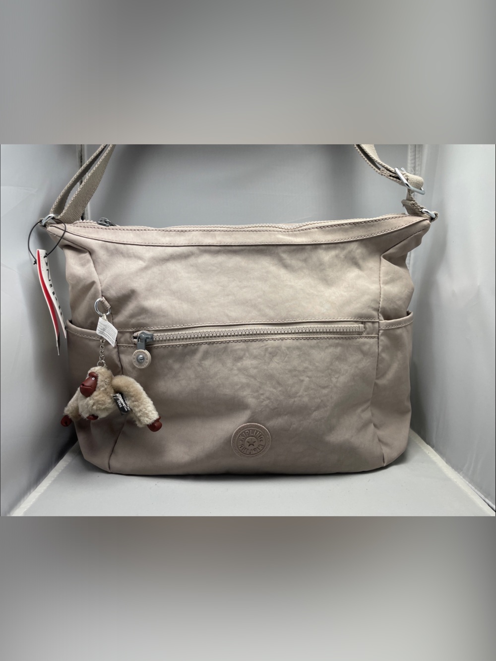 Kipling Light Beige Messenger Crossbody with Signature Monkey Charm